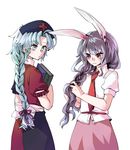  alternate_hairstyle animal_ears aqua_eyes book bow braid braiding_hair bunny_ears dress dress_shirt hair_bow hairdressing hat highres hinotosora long_hair looking_at_another multiple_girls necktie nurse_cap purple_hair red_eyes red_neckwear reisen_udongein_inaba shirt silver_hair simple_background single_braid skirt smile touhou very_long_hair white_background yagokoro_eirin 