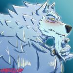  1:1 5_fingers absurd_res anthro black_nose black_pawpads canid canine canis claws colored fingers fur grey_body grey_fur hi_res humanoid_hands law_(sdorica) male mammal nasgormagelan orange_eyes pawpads sdorica signature solo wolf yellow_sclera 