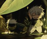  1boy almondtofu_boy animal animal_with_hair blindfold blue_eyes chibi clothed_animal english_commentary frog gojou_satoru highres jujutsu_kaisen lily_pad male_focus mini_person miniboy one_eye_closed pants short_hair sparkle white_hair white_pants 