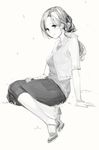  bad_id bad_pixiv_id blush ekao idolmaster idolmaster_cinderella_girls kawashima_mizuki long_hair looking_at_viewer monochrome ponytail sitting sketch skirt smile solo 