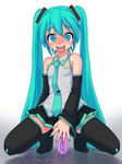 aqua_eyes aqua_hair boots clothed_masturbation covering covering_crotch detached_sleeves dildo hatsune_miku long_hair masturbation nail_polish necktie o-minato open_mouth pussy_juice skirt solo squatting thigh_boots thighhighs twintails very_long_hair vocaloid 