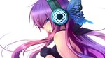  black_gloves blue_eyes daburu fingerless_gloves from_side gloves headphones highres long_hair looking_at_viewer magnet_(vocaloid) megurine_luka portrait purple_hair simple_background solo vocaloid white_background 