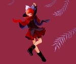  boots bow cape full_body hair_bow iwamoto_zerogo leaf long_sleeves looking_at_viewer nukekubi red_background red_eyes red_hair ribbon sekibanki severed_head short_hair signature simple_background skirt solo touhou willow 