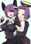  ;d bad_id bad_pixiv_id blush breast_grab breasts eyepatch fingerless_gloves gloves grabbing headgear kantai_collection kusano_houki large_breasts mechanical_halo multiple_girls necktie one_eye_closed open_mouth purple_hair rectangular_mouth red_eyes school_uniform short_hair smile tatsuta_(kantai_collection) tears tenryuu_(kantai_collection) yellow_eyes 