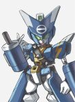  1boy arm_cannon armor blue_armor blue_helmet character_request cowboy_shot green-tinted_eyewear helmet highres humanoid_robot male_focus medarot mota_saru robot simple_background solo tinted_eyewear weapon white_background 