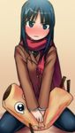  bad_id bad_pixiv_id blue_eyes blue_hair blush copyright_request head_tilt kuroba_(f-15c_eagle) long_hair pantyhose scarf sitting solo stuffed_animal stuffed_toy tears v_arms wariza 