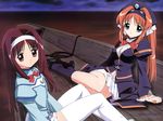  akari_(konomini) aqua_eyes boat bow hairband hat hikari_(konomini) kono_minikuku_mo_utsukushii_sekai long_hair multiple_girls orange_hair ponytail purple_hair red_eyes sitting socks thighhighs wallpaper watercraft white_legwear zettai_ryouiki 