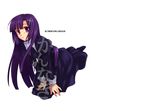  asymmetrical_bangs bangs black_dress blush dress full_body kannagi kneeling konno_rei long_hair long_sleeves looking_at_viewer purple_eyes sidelocks simple_background solo very_long_hair white_background zange 