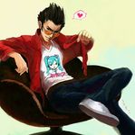  aqua_hair bad_id bad_pixiv_id black_eyes black_hair chair cigarette crossed_legs hatsune_miku heart jacket lowres male_focus no_more_heroes otaku sitting smile solo sunglasses travis_touchdown uroko_(mnr) vocaloid 