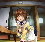  all_fours antenna_hair apron brown_hair clannad closed_eyes furukawa_nagisa hikarizaka_private_high_school_uniform mutsuki_(moonknives) school_uniform short_hair solo tray 