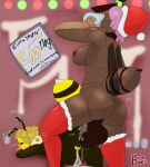 3_fingers absurd_res adrian_(bonebees) anal antennae_(anatomy) anthro arthropod arthropod_abdomen ball_size_difference balls bee bell big_balls big_breasts big_butt blonde_hair bodily_fluids bonebees breasts brown_body butt chastity_cage chastity_device christmas christmas_clothing christmas_headwear clothing container cum cum_in_ass cum_inflation cum_inside cum_on_wall cum_through cum_while_chaste cum_while_penetrated cup dark_sclera doggystyle duo eggnog erika_(bonebees) excessive_cum excessive_genital_fluids fingers from_behind_position genital_fluids genitals glass glass_container glass_cup hair hat headgear headwear hi_res holidays huge_balls hymenopteran inflation insect insect_wings jingle_bell legwear lying mandibles nipples on_front paper_wasp penetration pink_hair plap potion_label purple_eyes red_clothing red_legwear red_nose red_thigh_highs reindeer_antlers reindeer_costume santa_hat sex stinger stripes tankard thigh_highs vespid wasp wings
