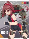  1girl absurdres armor battletech brown_hair electricity english_text fingerless_gloves gloves headband highres humanization mecha_musume medium_hair missile_pod mixed-language_text personification ponytail red_eyes red_headband sebunsu smile solo sweat 