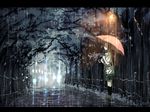  brown_hair copyright_request glasses inumaru_(sougen_no_marogoya) lamppost letterboxed light long_hair night rain school_uniform skirt solo standing tree umbrella 