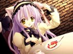  animal_ears brown_background cafe_little_wish cat_ears cat_tail dessert dress eating food fork game_cg gradient gradient_background hairband holding holding_fork long_hair mina_(cafe_little_wish) purple_hair ribbon sepia_background smile solo tail tea tinker_bell yellow_eyes 
