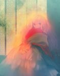  big_hair blonde_hair brown_eyes dress feet_out_of_frame fringe_trim light_particles long_dress long_hair long_sleeves looking_at_viewer original own_hands_together pink_hair puti_devil scarf shawl sitting solo very_long_hair wavy_hair 