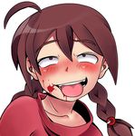  ahegao ahegaokin ahoge bad_id bad_pixiv_id blood blood_on_face blood_splatter blush braid highres madotsuki mogeko_(okegom) parody pink_shirt shirt solo tongue twin_braids yume_nikki 