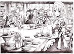  absurdres bad_id bad_pixiv_id book braid brown cup greyscale highres izayoi_sakuya koakuma monochrome multiple_girls nobita patchouli_knowledge remilia_scarlet short_hair table teacup tiered_tray touhou wings 