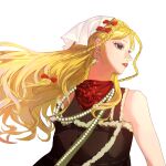  1girl bamboo_print bare_shoulders bead_necklace beads black_shirt blonde_hair blue_eyes bow braid earrings empty_eyes expressionless eyelashes floating_hair fur-trimmed_shirt fur_trim gem hair_bow headscarf highres infinity_nikki jewelry lipstick long_hair long_sidelocks looking_to_the_side makeup multiple_hair_bows necklace nikki_(series) nostrils parted_lips pointy_nose print_scarf red_bow red_lips red_scarf scarf shirt side_braids sidelocks simple_background sleeveless sleeveless_shirt solo stylist_(nikki) teeth turan_yuhaoda twin_braids upper_body very_long_hair wavy_hair white_background white_headscarf wind yellow_gem 