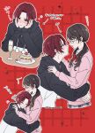  1boy 1girl alcohol arms_around_waist black-framed_eyewear black_hair black_hoodie blush bow bowtie cake cardigan champagne commentary_request curtained_hair fingernails food glasses grid_background hand_on_another's_shoulder head_on_chest hetero highres hood hoodie hug ikuya_kawaii kamishiro_nagisa long_sleeves looking_at_another multiple_views noge_tomoko outline persona persona_5 persona_5:_the_phantom_x pink_cardigan pom_pom_(clothes) rectangular_eyewear red_background red_bow red_bowtie red_eyes red_hair short_hair skirt star_(symbol) strawberry_cake translation_request twintails twitter_username two-tone_hoodie white_outline 