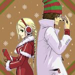  1girl asato_(artist) blonde_hair braid brown_hair christmas earmuffs ellen_(folkssoul) folkssoul glasses green_eyes keats long_hair lowres oekaki ponytail short_hair 