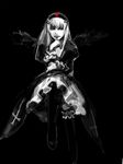  black_background chair dress greyscale hironox long_hair long_sleeves looking_at_viewer monochrome red_eyes rozen_maiden sidelocks simple_background solo suigintou very_long_hair wings 