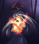  bamboo bamboo_forest blue_hair closed_eyes fire forest glowing hands_on_own_chest hat kamishirasawa_keine kokka_han long_hair nature night silver_hair sky smile solo touhou 