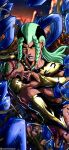  1boy absurdres black_hair blue_lips braid fingernails green_eyes green_hair highres jojo_no_kimyou_na_bouken long_hair long_sleeves menacing_(jojo) multicolored_hair noonvincent sandman_(sbr) shoulder_tattoo solo sound_effects steel_ball_run tan tattoo twin_braids two-tone_hair 