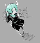  1girl absurdres aqua_hair aqua_lips aqua_sweater bad_anatomy bad_leg black_jacket black_shoes black_skirt colored_skin copyright_name doodle_inset from_above gekkoukan_high_school_uniform grey_background hand_in_own_hair happy_birthday highres jacket limited_palette looking_at_viewer medium_hair pantyhose persona persona_3 pleated_skirt ribbon ribbon-trimmed_sleeve_cuffs school_uniform shoes simple_background sketch skirt smile solo sweater tedispl turtleneck turtleneck_sweater white_pantyhose white_ribbon white_skin yamagishi_fuuka 