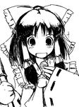  black_hair bow detached_sleeves greyscale hakurei_reimu happy kanoe_soushi long_hair money monochrome ribbon solo touhou yen 