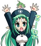  1girl \o/ arms_up artist_request demonbane doctor_west elsa_(demonbane) green_eyes green_hair hat long_hair lowres outstretched_arms pointy_ears 