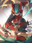  2boys absurdres android armor blonde_hair energy_sword forehead_jewel full_body grey_eyes helmet highres holding holding_weapon long_hair mega_man_(series) mega_man_zero_(series) mega_man_zero_3 multiple_boys omega_(mega_man) omochi_(mochi_skymega) red_armor red_helmet sword tagme weapon z_saber zero(z)_(mega_man) zero_(mega_man) 
