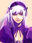  breasts cleavage dress hairband hironox lolita_hairband looking_at_viewer purple_dress red_eyes rozen_maiden silver_hair small_breasts solo suigintou upper_body 