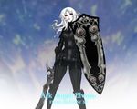  1girl ark_angel ark_angel_ev armor bad_id bad_pixiv_id black_armor black_gloves black_thighhighs character_name colored_skin commentary_request copyright_name elf elvaan final_fantasy final_fantasy_xi floating_hair gloves hair_intakes holding holding_shield legs_apart long_hair open_mouth pointy_ears red_eyes shield shirihime solo standing sword thighhighs weapon white_hair white_skin 