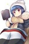  1girl :/ aru_(arudes) beanie blue_coat blue_hair blue_outline blush brown_scarf chair closed_mouth coat commentary_request feet_out_of_frame food food_request hat highres holding holding_food holding_pan looking_down multicolored_towel outline pom_pom_(clothes) red_eyes scarf shima_rin short_hair simple_background sitting solo sparkle swept_bangs tamagoyaki_pan towel towel_on_legs white_background white_hat winter_clothes winter_coat yurucamp 