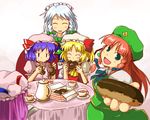  blonde_hair blue_eyes blue_hair book bow braid china_dress chinese_clothes doughnut dress eating flandre_scarlet food food_on_face gift green_eyes happy hat hong_meiling izayoi_sakuya kanoe_soushi long_hair maid multiple_girls patchouli_knowledge purple_eyes purple_hair red_eyes red_hair remilia_scarlet ribbon short_hair silver_hair sitting tea touhou twin_braids 