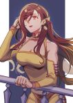  1girl absurdres adjusting_hair bare_shoulders breasts brown_hair celes_chere celes_chere_(cosplay) closed_mouth collarbone cosplay cross-laced_clothes cross-laced_sleeves detached_sleeves earrings final_fantasy final_fantasy_vi final_fantasy_vii floating_hair gold_earrings hair_behind_ear hair_ornament highres jewelry large_breasts long_hair looking_up railing red_eyes red_lips seilidare shirt sidelocks solo swept_bangs tifa_lockhart upper_body yellow_shirt yellow_sleeves 