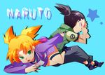  1girl aqua_background black_eyes black_hair blonde_hair colored_eyelashes copyright_name forehead_protector full_body green_eyes hcsb nara_shikamaru naruto naruto_(series) ninja quad_tails short_ponytail simple_background star temari 