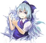  blue_eyes blue_hair bow cirno grin highres ice ribbon short_hair smile solo tami touhou 