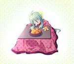  :3 ahoge bad_id bad_pixiv_id blush food fruit green_hair kotatsu long_hair lowres mandarin_orange nose_bubble original sleeping solo table yoshi_(koloio) 