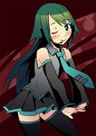  blush cosplay cowboy_shot detached_sleeves green_eyes green_hair hands_clasped hatsune_miku hatsune_miku_(cosplay) kuroba_(f-15c_eagle) long_hair necktie one_eye_closed own_hands_together saya saya_no_uta skirt solo stretch thighhighs vocaloid zettai_ryouiki 