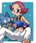  bandages bandaid barefoot bodysuit feet flat_chest food gen_4_pokemon gloves gym_leader hun ice_cream jpeg_artifacts lowres midriff munchlax pink_eyes pink_hair pokemon pokemon_(creature) pokemon_(game) pokemon_dppt short_hair spread_legs sumomo_(pokemon) sweat 