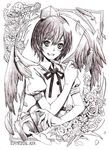  absurdres brown camera feathers flower greyscale hat highres looking_at_viewer monochrome nobita open_mouth pen shameimaru_aya short_hair smile solo touhou traditional_media wings 