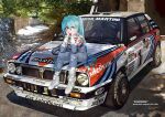  1girl alternate_costume aqua_eyes aqua_hair blue_eyes boots car closed_mouth double-parted_bangs hair_between_eyes hashtag-only_commentary hatsune_miku lancia_(brand) lancia_037 lancia_delta_integrale light_smile long_hair motor_vehicle on_car outdoors photorealistic race_vehicle racecar rally_car realistic seatbelt signature sitting solo sponsor steering_wheel takepon1123 tree twintails vehicle_focus very_long_hair vocaloid wheel white_boots white_car white_racing_suit windshield wipers 