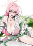  1girl :p absurdres ahoge bikini bikini_under_clothes blue_archive blush breasts brown_eyes collarbone half-closed_eyes halo hanako_(blue_archive) hanako_(swimsuit)_(blue_archive) highres holding holding_hose hose huge_breasts long_hair looking_at_viewer official_alternate_costume oha_v open_clothes open_shirt oversized_clothes oversized_shirt pink_bikini pink_hair pink_halo see-through_clothes see-through_shirt shirt single_bare_shoulder sitting solo swimsuit tongue tongue_out very_long_hair wet wet_clothes wet_shirt white_shirt yokozuwari 