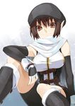  bangs bare_shoulders bike_shorts boots breasts brown_eyes brown_hair buckle elbow_gloves fingerless_gloves gloves hat knee_up large_breasts looking_at_viewer murata_taichi original pointy_ears scarf shirt sitting sleeveless sleeveless_shirt smile solo white_scarf 