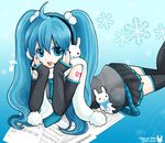  2008 :d ahoge bad_id bad_pixiv_id blue_eyes blue_hair character_name colored_eyelashes detached_sleeves earmuffs hatsune_miku headset long_hair lying meow_(artist) nail_polish necktie on_stomach open_mouth pom_pom_(clothes) scarf sheet_music skirt smile snowflakes solo thighhighs twintails vocaloid white_scarf 