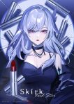 1girl alternate_costume artist_name blue_choker blue_dress breasts character_name choker cleavage cosmetics dress english_text genshin_impact grey_hair highres kukatsuma lips lipstick_tube long_hair medium_breasts parted_lips skirk_(genshin_impact) solo spotlight straight-on upper_body 