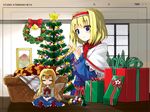  1girl alice_margatroid basket bell blonde_hair blue_eyes blush bow bowtie christmas christmas_ornaments christmas_tree closed_eyes cookie doll food gift gotyou hair_bow hairband long_hair photo_(object) ribbon scarf shanghai_doll short_hair sitting skirt smile snow solo star_(symbol) touhou window wings winter wreath 