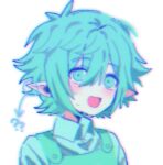  1boy ? ?? alternate_costume arrow_(symbol) basil_(headspace)_(omori) basil_(omori) blush circle collared_shirt colored_skin green_eyes green_hair green_overalls green_shirt highres looking_at_viewer male_focus my_loleeta omori open_mouth overalls pointy_ears shirt simple_background smile solo sweat upper_body white_background white_skin 
