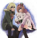  1girl artist_request blonde_hair blue_eyes brown_hair christmas coat emil_castagnier green_eyes hair_ornament long_hair marta_lualdi smile stuffed_animal stuffed_toy tales_of_(series) tales_of_symphonia tales_of_symphonia_knight_of_ratatosk 
